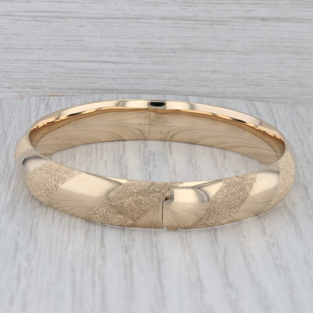 Gray Hinged Oval Bangle Bracelet 14k Yellow Gold Brushed Polished 7.75"