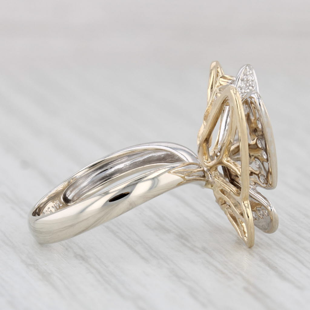 Light Gray Pave Diamond Butterfly Ring 14k Yellow White Gold Size 6 Statement