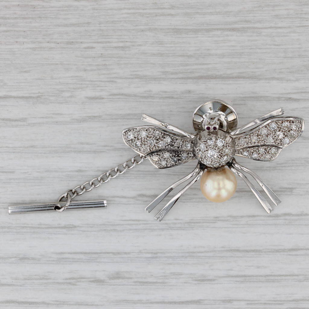 Gray Vintage Flying Bug Brooch 0.44ctw Diamond Cultured Pearl Tie Tac Pin Platinum