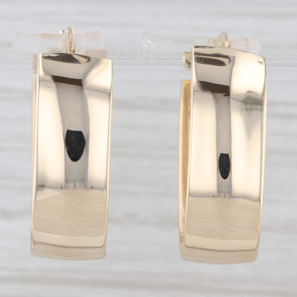 Light Gray Beveled Oval Hoop Earrings 14k Yellow Gold Snap Top Hoops