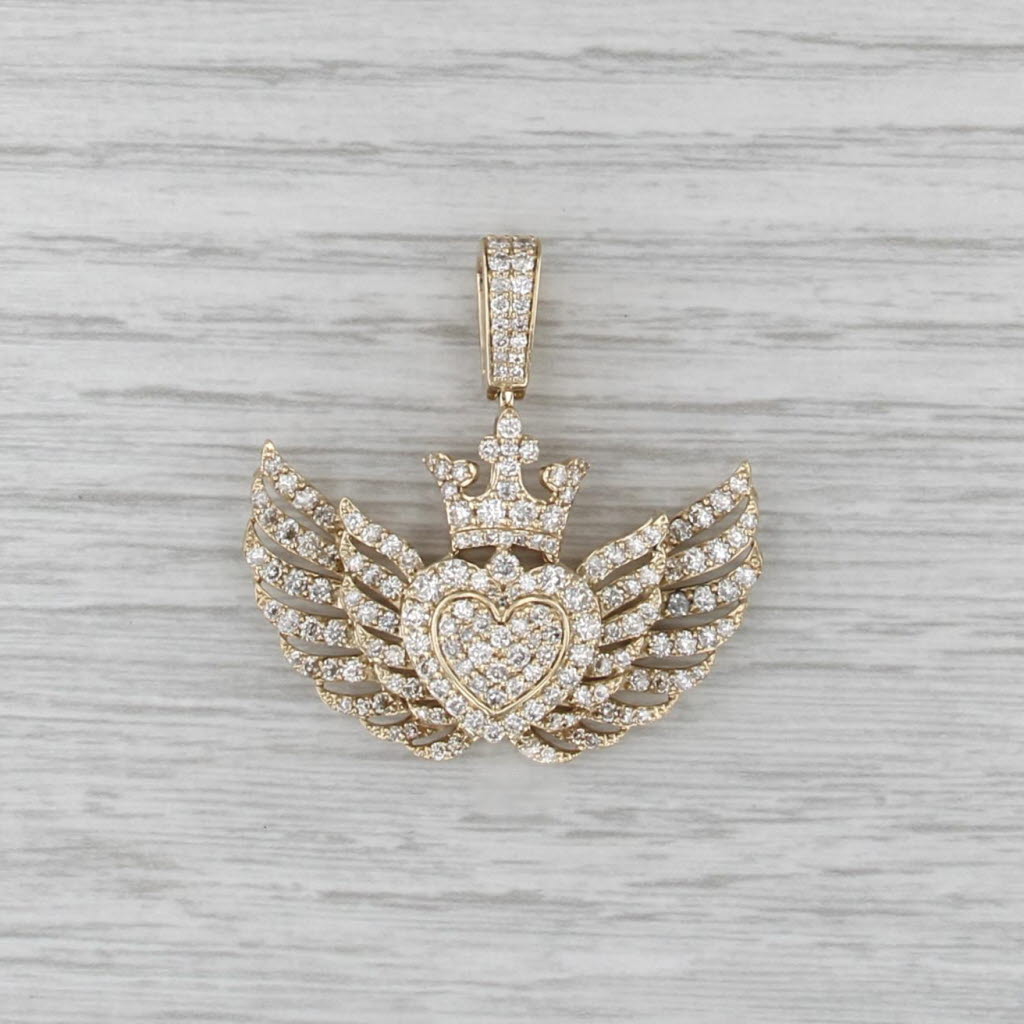 New 2ctw Diamond Crown Heart Wings Pendant 10k Yellow Gold Statement