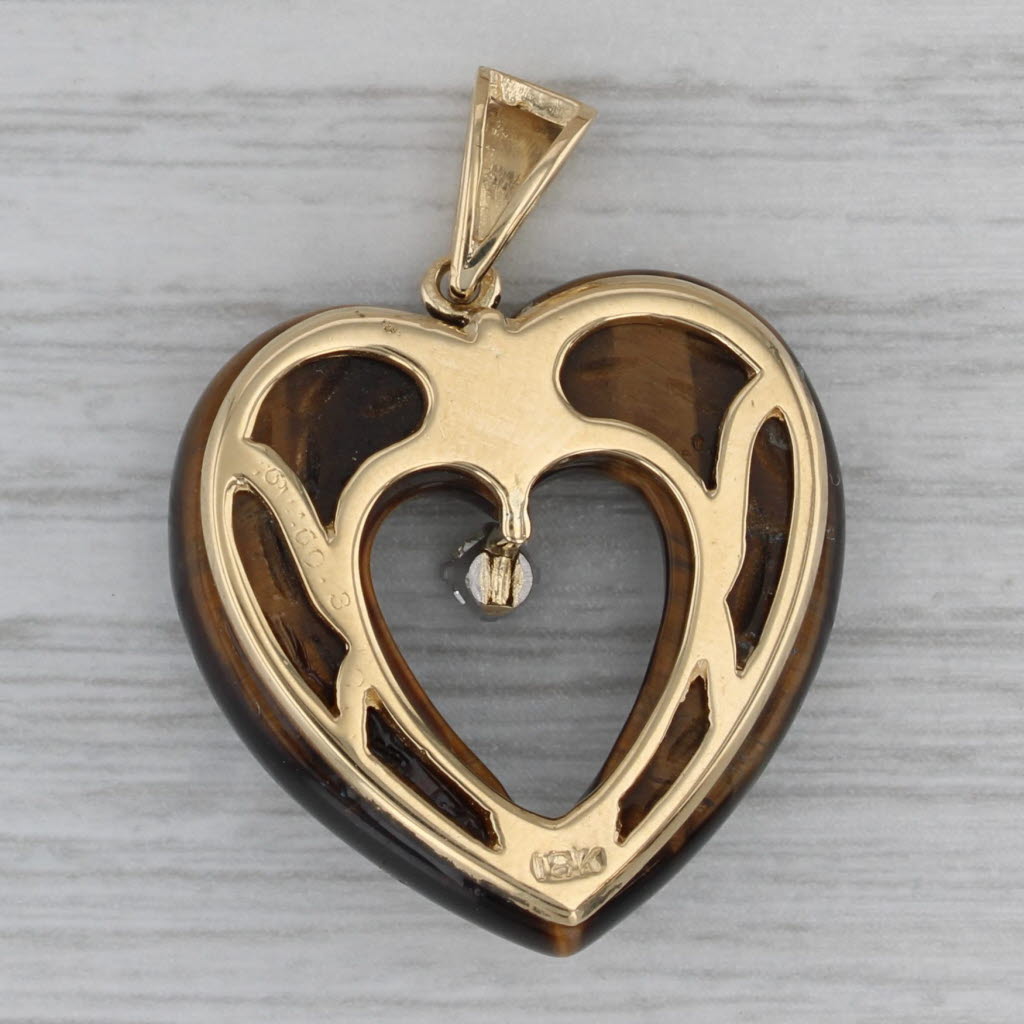 Dark Gray Tiger's Eye Open Heart Diamond Pendant 18k Yellow Gold