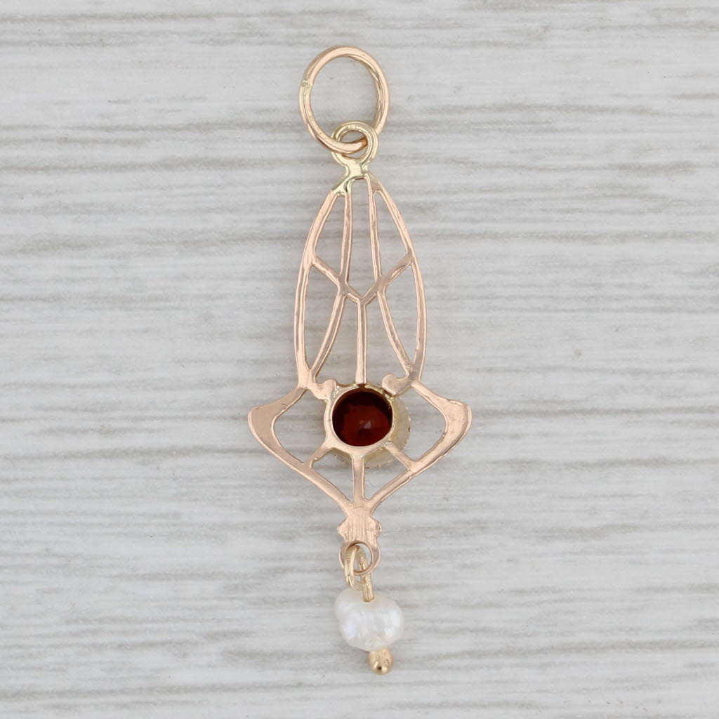 Gray Vintage Baroque Pearl Garnet Pendant 10k Yellow Gold Lariat