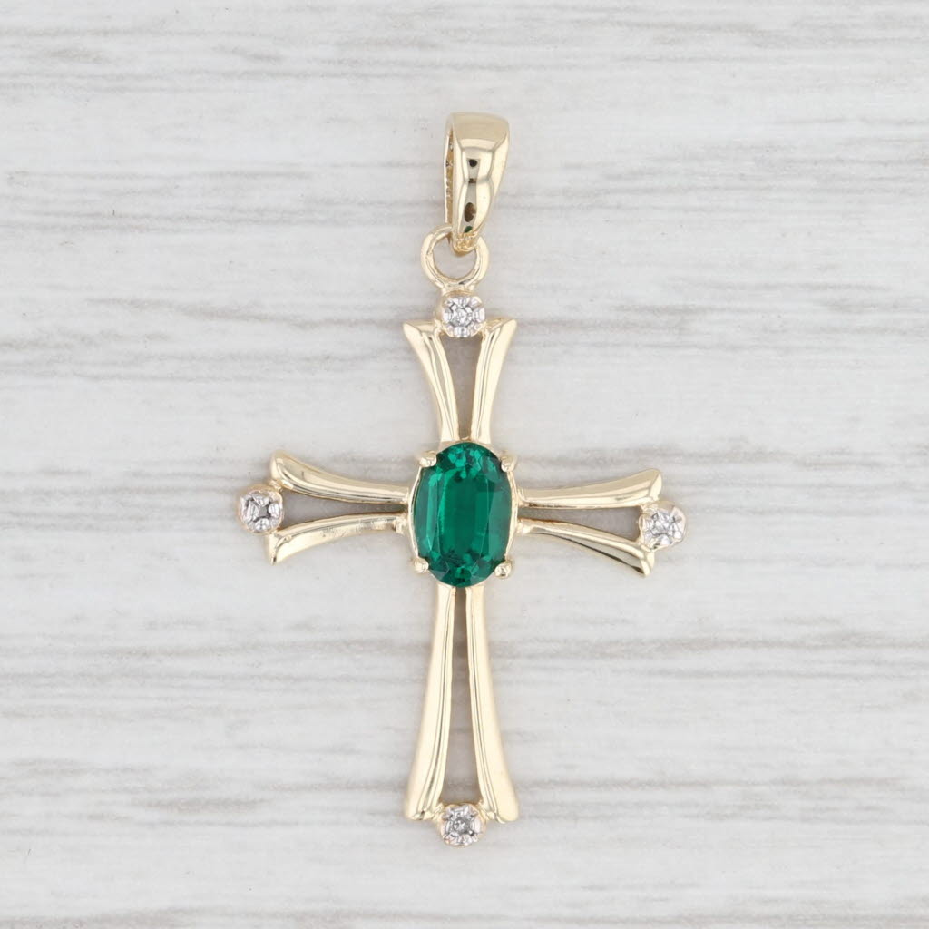 Light Gray 0.35ct Lab Created Emerald Cross Pendant 10k Yellow Gold Diamond Accents