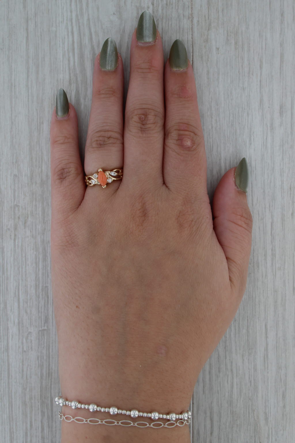 0.16ctw Coral Navette Cabochon Diamond Ring 14k Yellow Gold Size 6