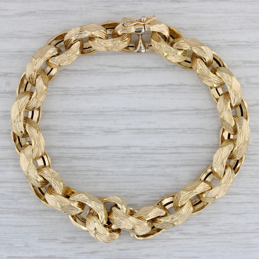 Gray Woodgrain Cable Chain Bracelet 18k Yellow Gold 7.75" 12mm
