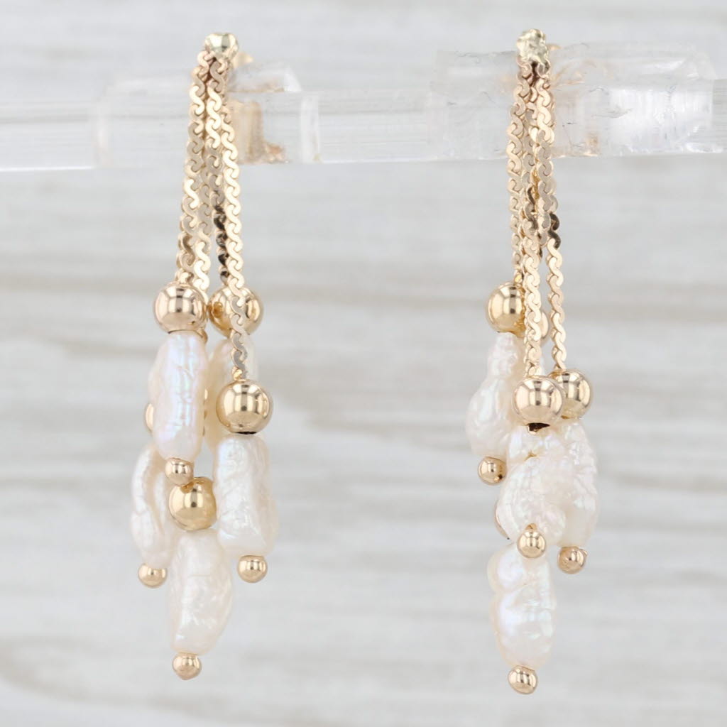 Light Gray Freshwater Cultured Rice Crispie Pearl Fringe Dangle Earrings 14k Yellow Gold