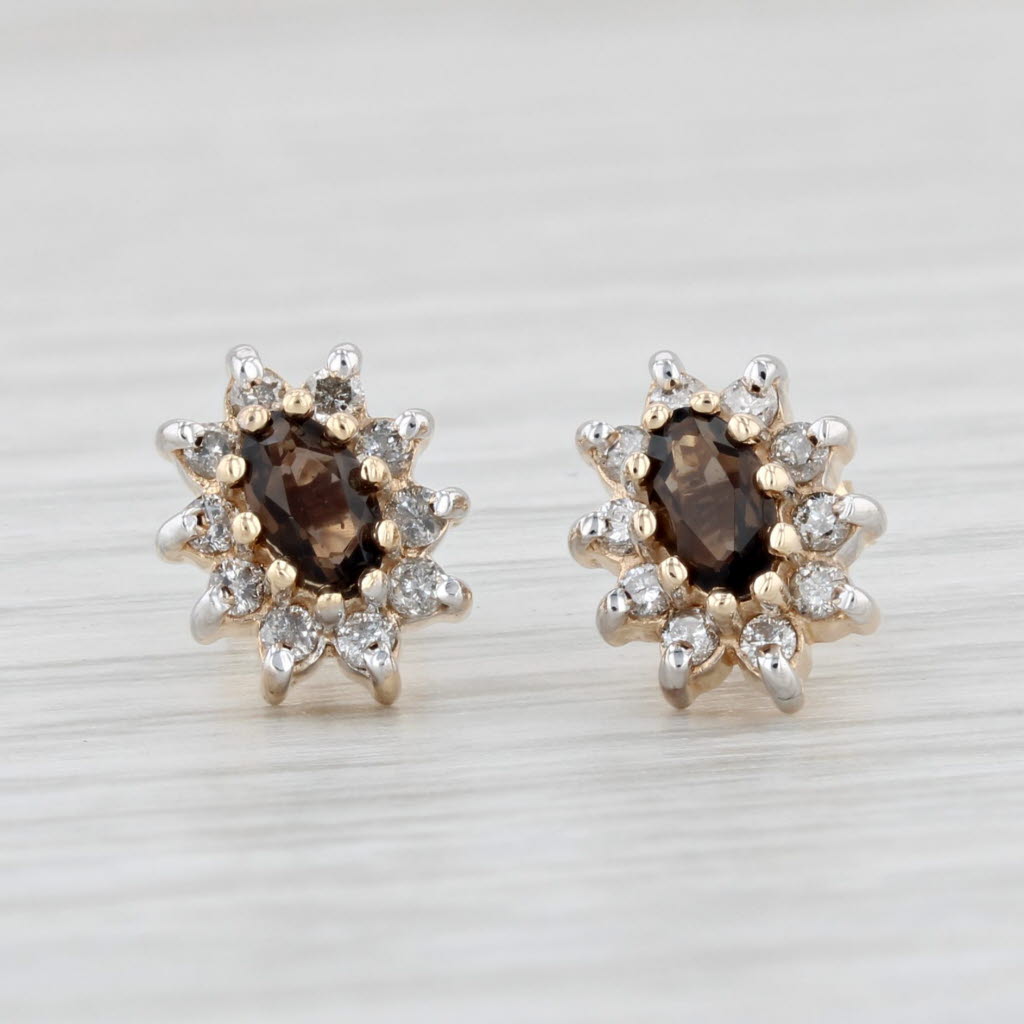 Light Gray 0.76ctw Smoky Quartz Diamond Halo Stud Earrings 14k Yellow Gold