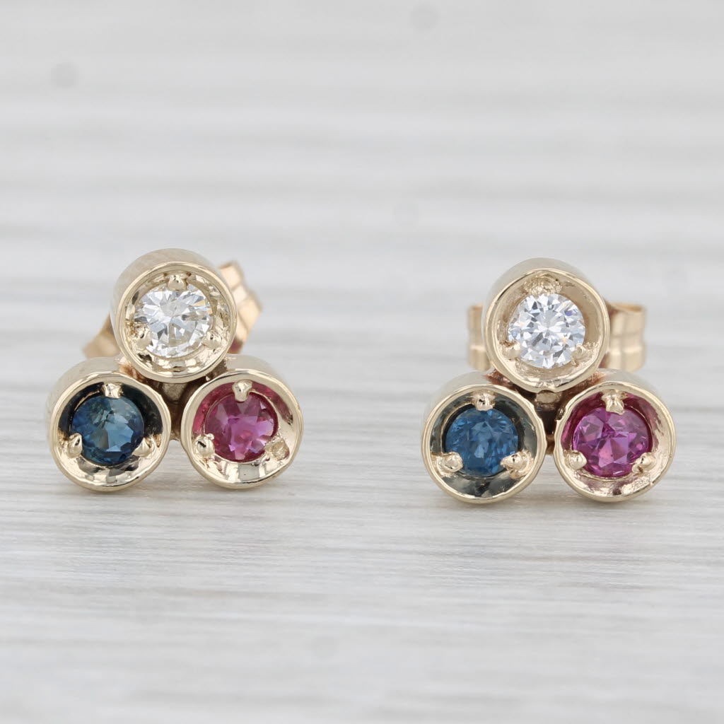 Light Gray 0.34ctw Diamond Ruby Sapphire Stud Earrings 14k Yellow Gold Round 3-Stone