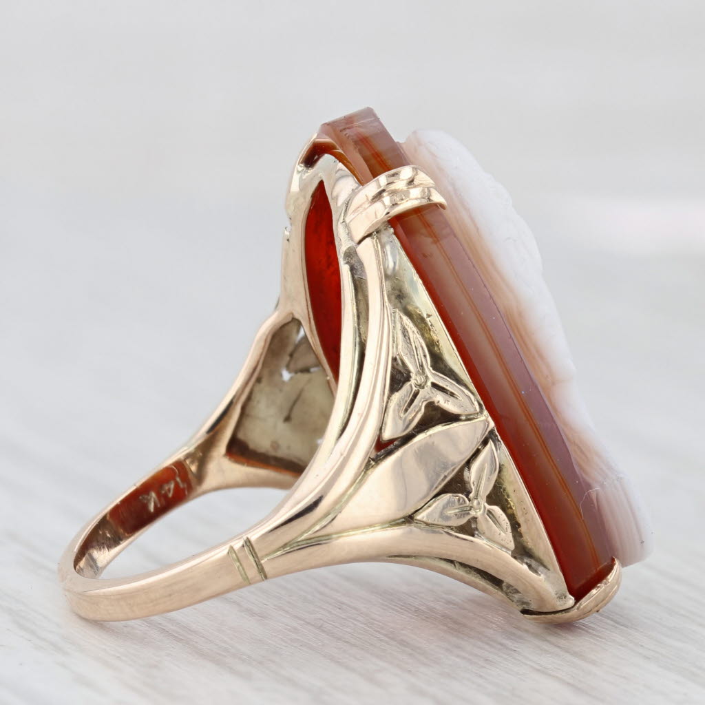 Light Gray Vintage Carved Sardonyx Cameo Ring 14k Yellow Gold Size 7 Statement