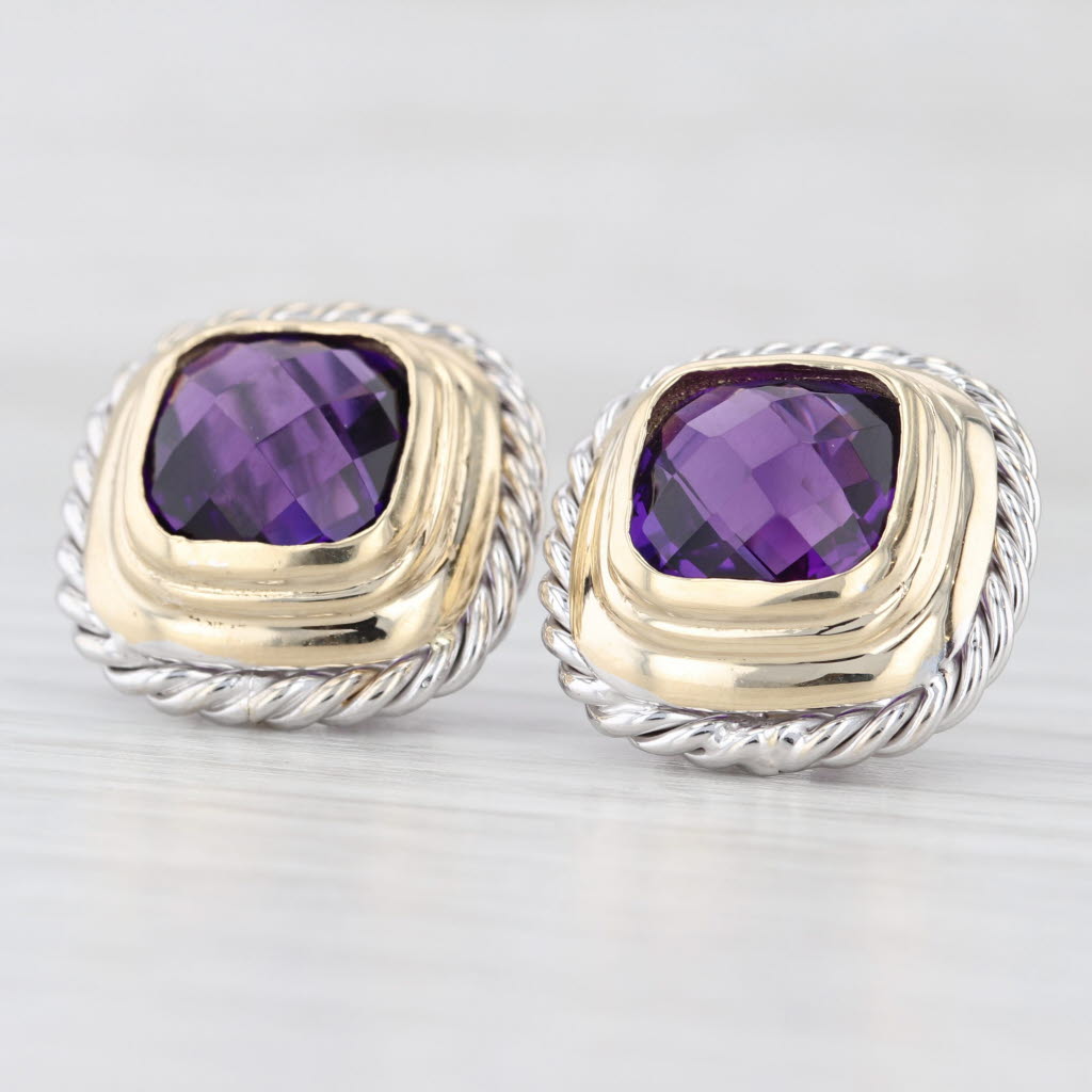 Light Gray 7.80ctw Amethyst Cushion Stud Earrings 14k Yellow White Gold Omega Backs