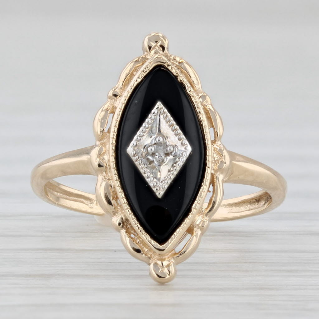 Light Gray Vintage Onyx Diamond Signet Ring 10k Yellow Gold Size 4.5