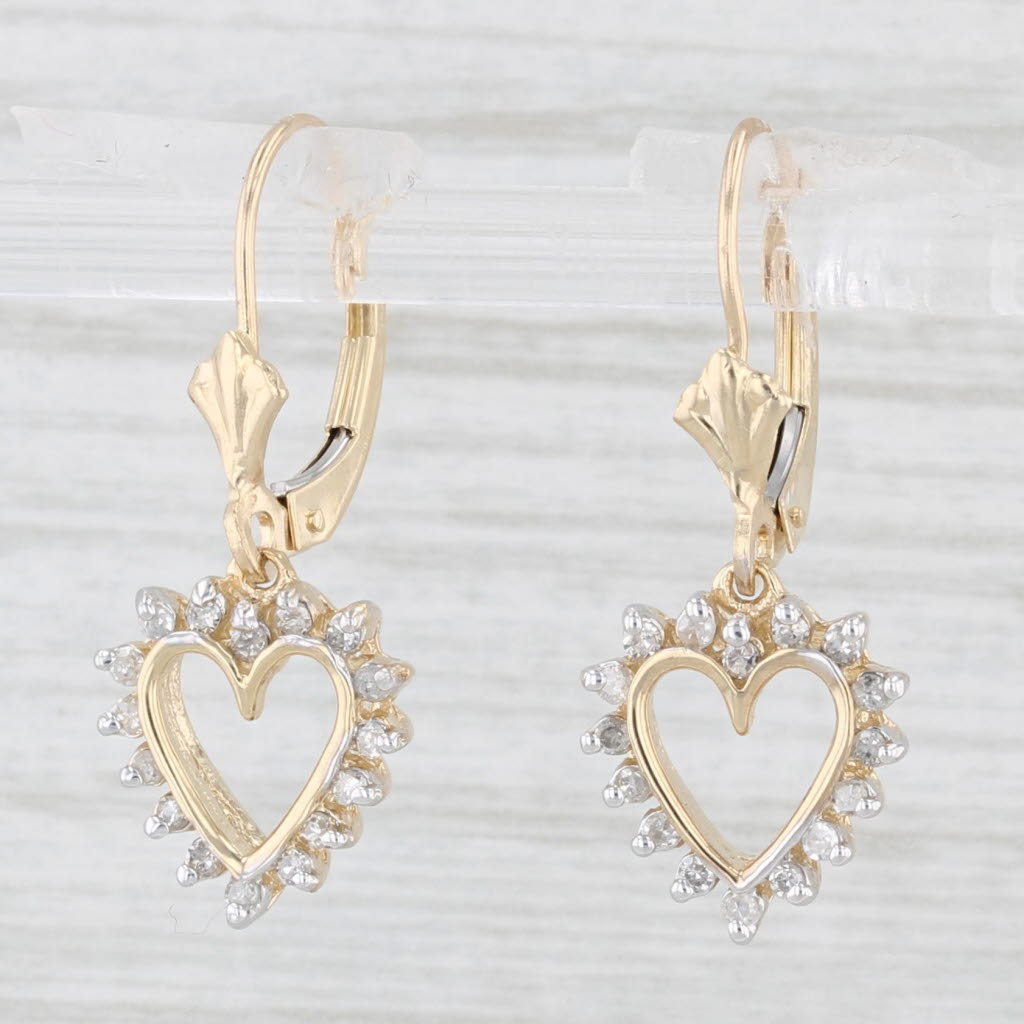 Light Gray 0.25ctw Diamond Open Heart Dangle Earrings 10k Yellow Gold Drops