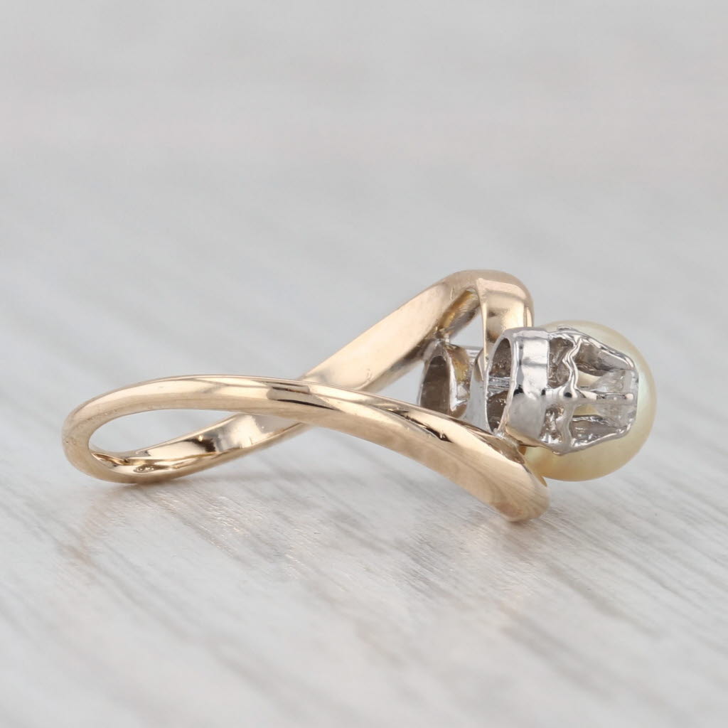 Light Gray Vintage Cultured Pearl Diamond Bypass Ring 10k-12k Yellow Gold Size 4.5