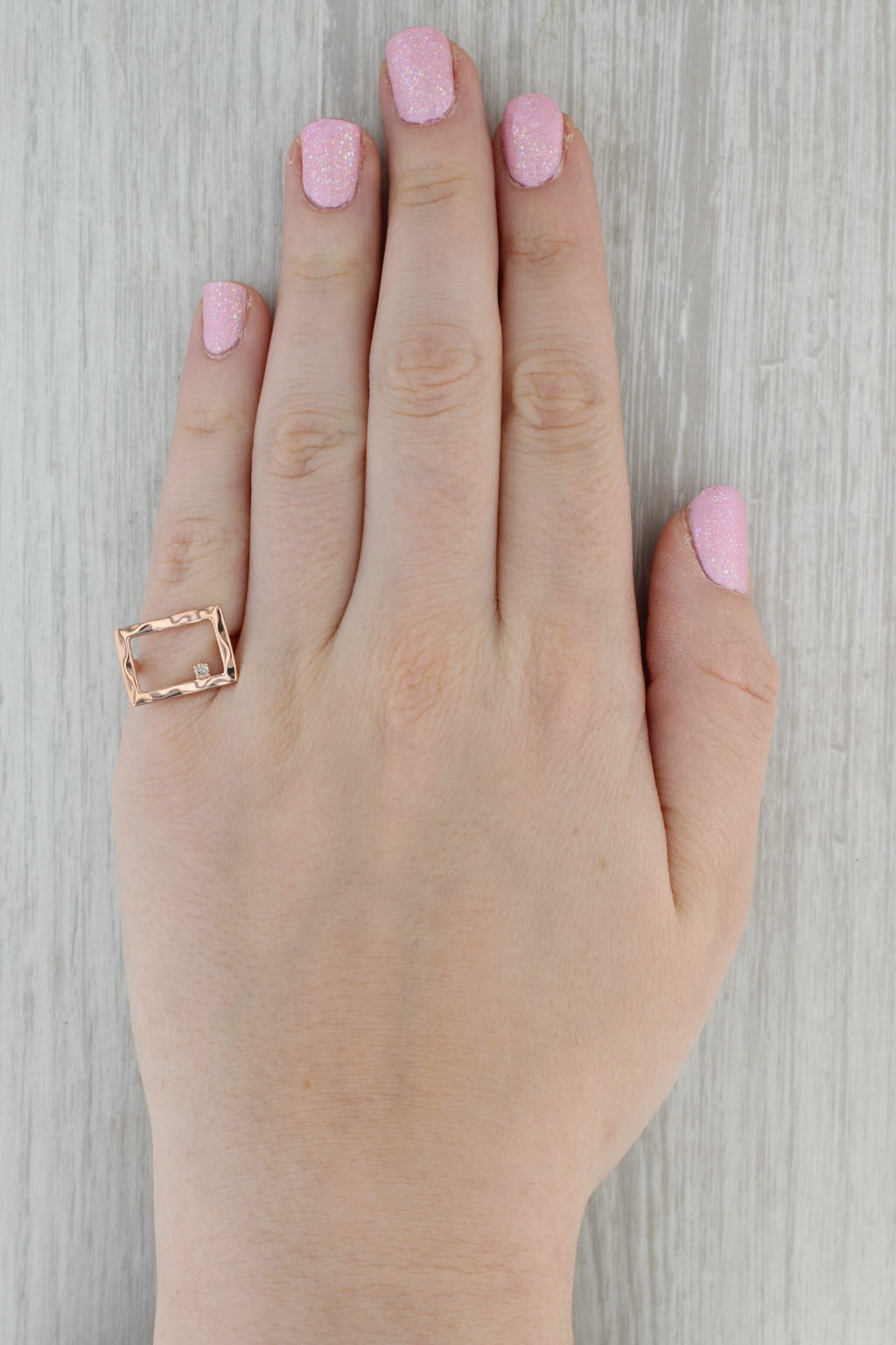 Dark Gray Diamond Accented Abstract Rectangle Ring Hammered 14k Rose Gold Size 6.75