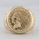 Authentic 1914 Indian Head $2.50 Gold Coin Ring 14k 900 Yellow Gold Size 10.75