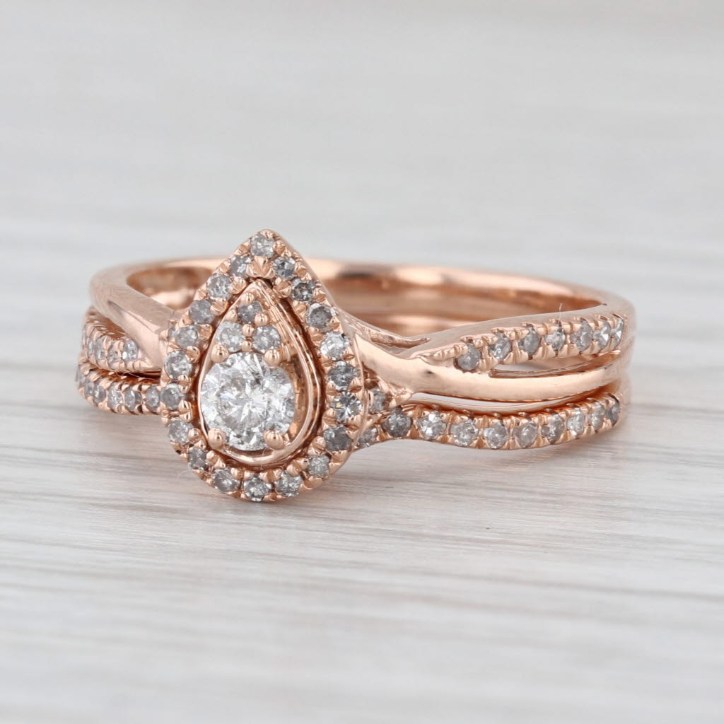 0.37ctw Pear Diamond Halo Engagement Ring Wedding Band Bridal Set 10k Rose Gold