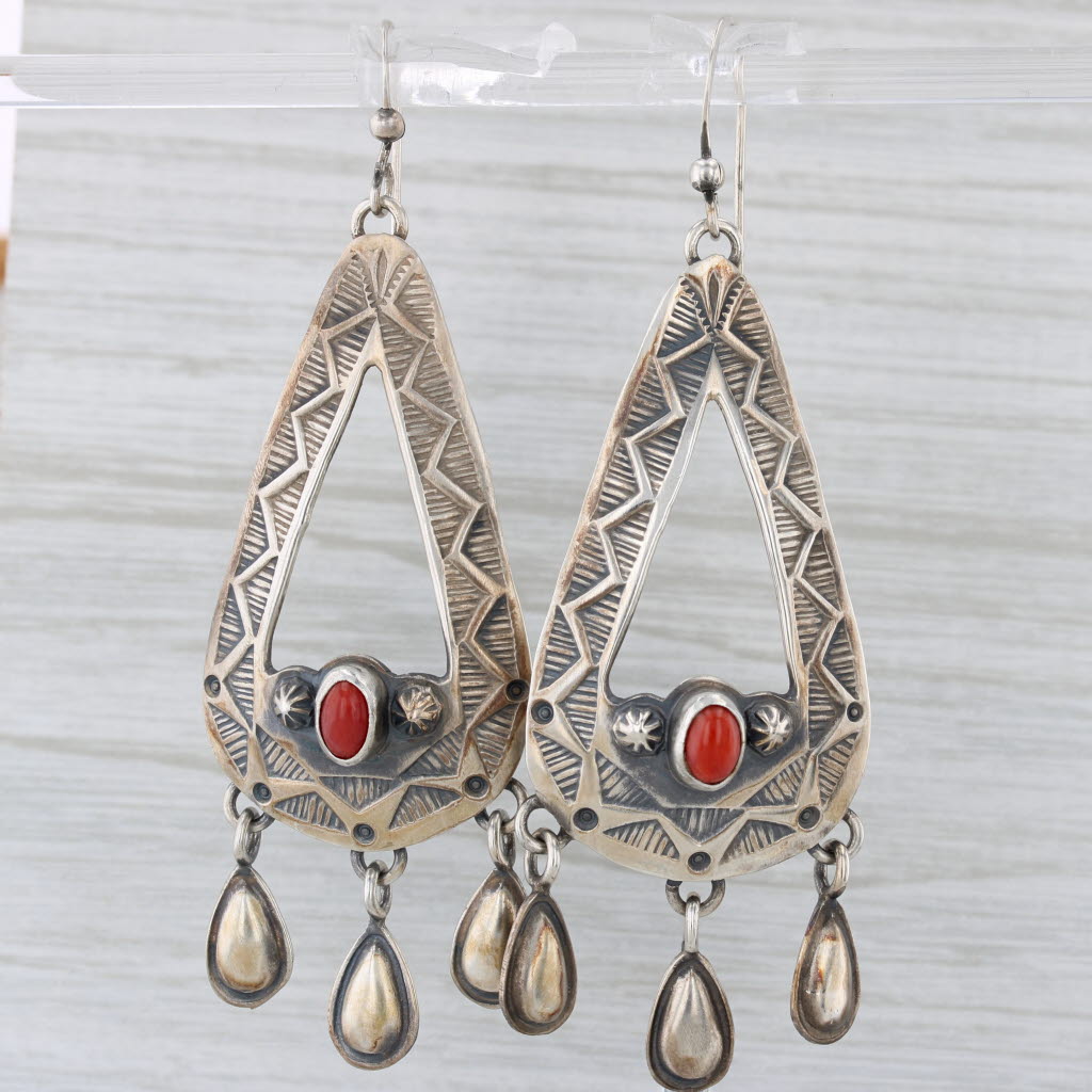 Geneve Ramone Navajo Native American Earrings Sterling Silver Coral Teardrop