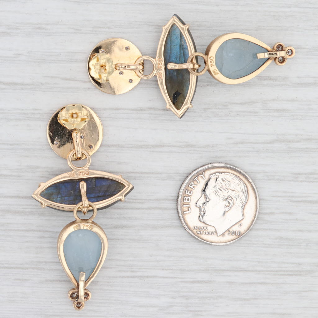 New Nina Wynn Dangle Earrings 18k Yellow Gold Diamond Labradorite Aquamarine