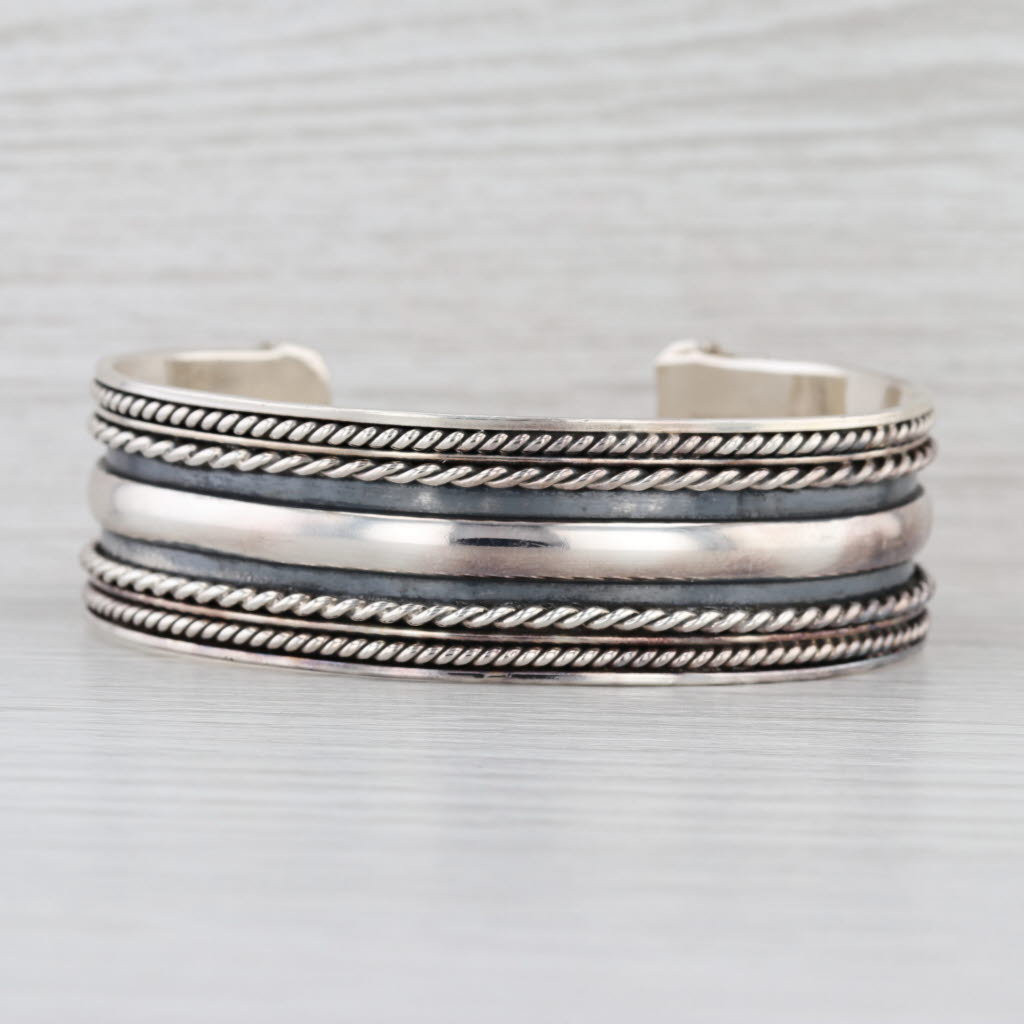 Vintage Layered Design Cuff Bracelet Sterling Silver Statement 20.8mm 7"