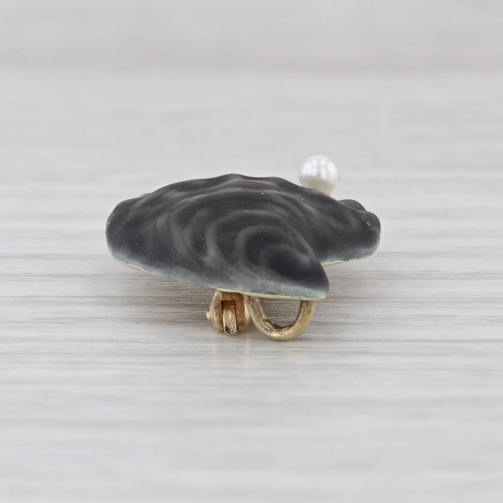 Vintage Albert & Sons Clam Shell Brooch 14k Gold Cultured Pearl Enamel Pin