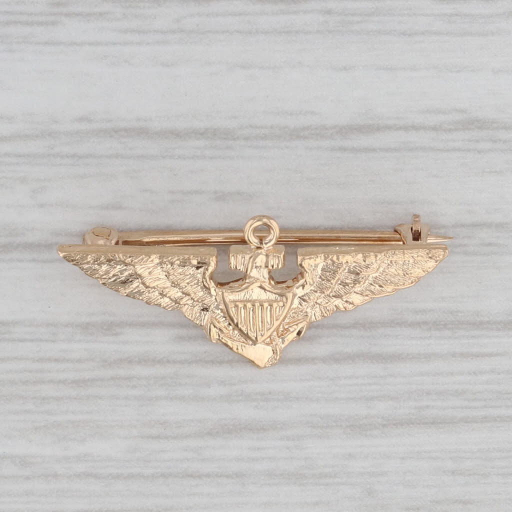 Gray Vintage Winged Anchor Shield Pin 14k Yellow Gold Military Badge