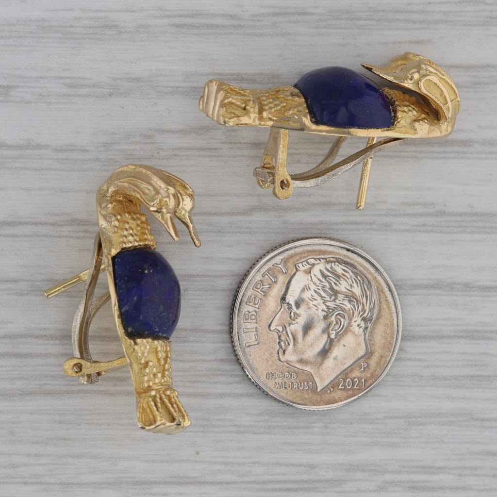 Dark Gray Vintage Blue Lapis Lazuli Double Bird Drop Earrings 18k Yellow Gold Omega Backs