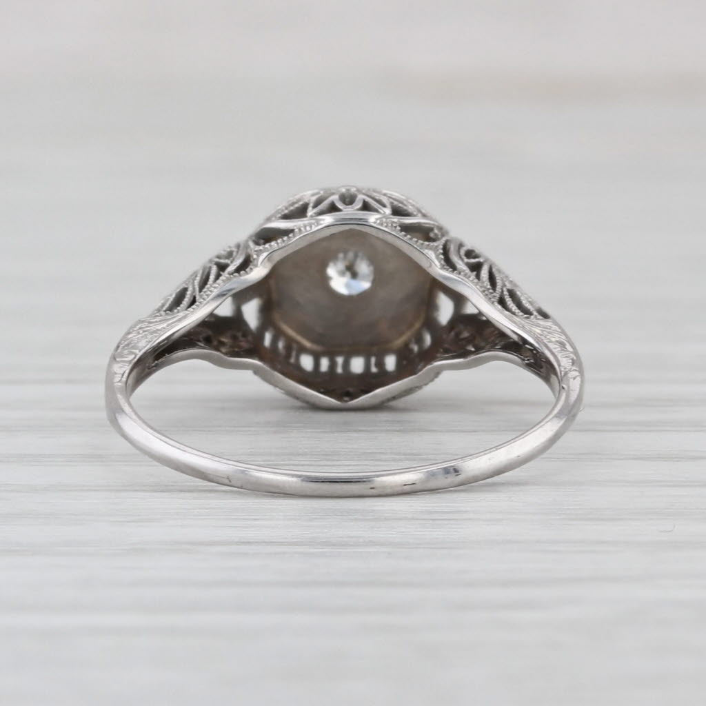 Art Deco Diamond Solitaire Ring 18k White Gold Filigree Size 7.5