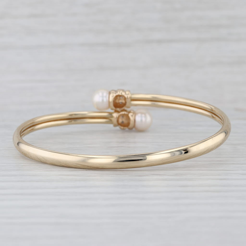 Cultured Pearl Diamond Bypass Bangle Bracelet 14k Yellow Gold 6.5"