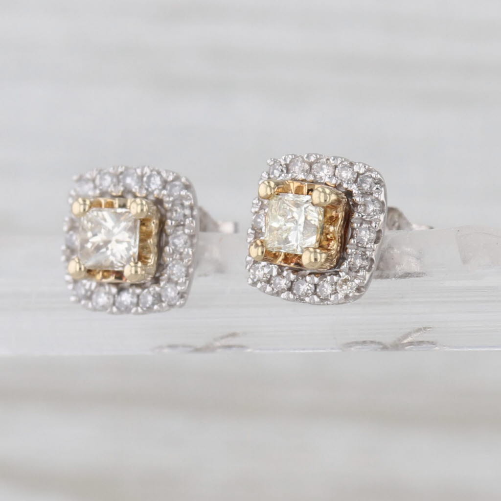 0.49ctw Princess Diamond Halo Stud Earrings 10k White Yellow Gold Studs