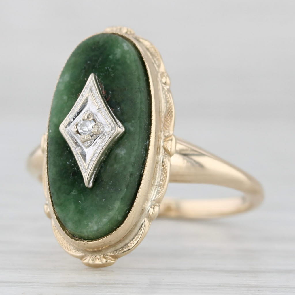 Light Gray Nephrite Jade Diamond Signet Ring 10k Yellow Gold Size 5.75 Vintage