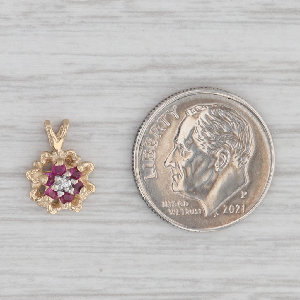 Gray 0.12ctw Ruby Diamond Flower Pendant 10k Yellow Gold Small Floral Drop