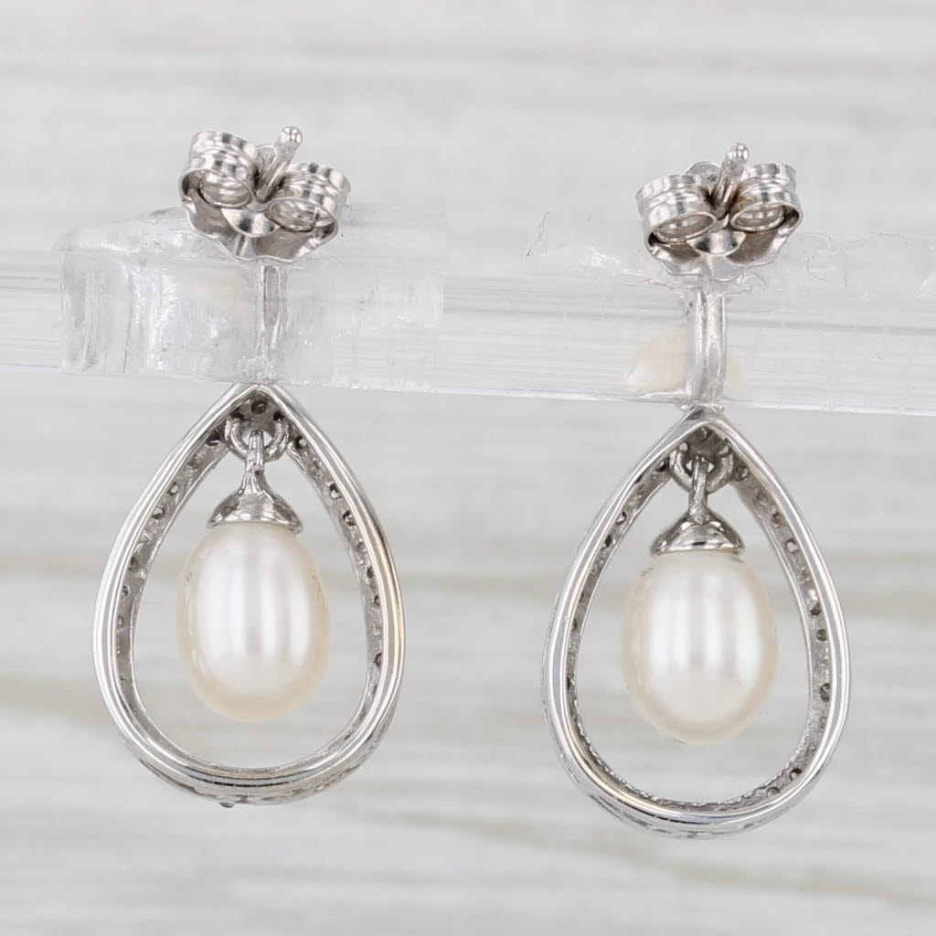 Light Gray Cultured Pearl Diamond Teardrop Earrings 14k White Gold