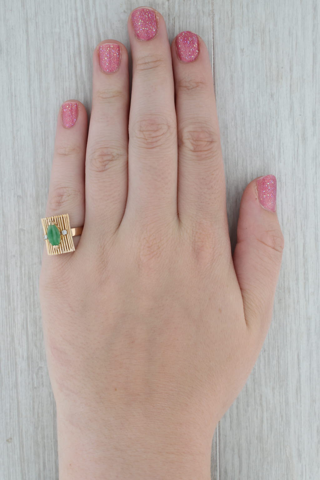 Dark Gray Green Jadeite Jade Diamond Unique Ring 14k Rose Gold Size 6.5