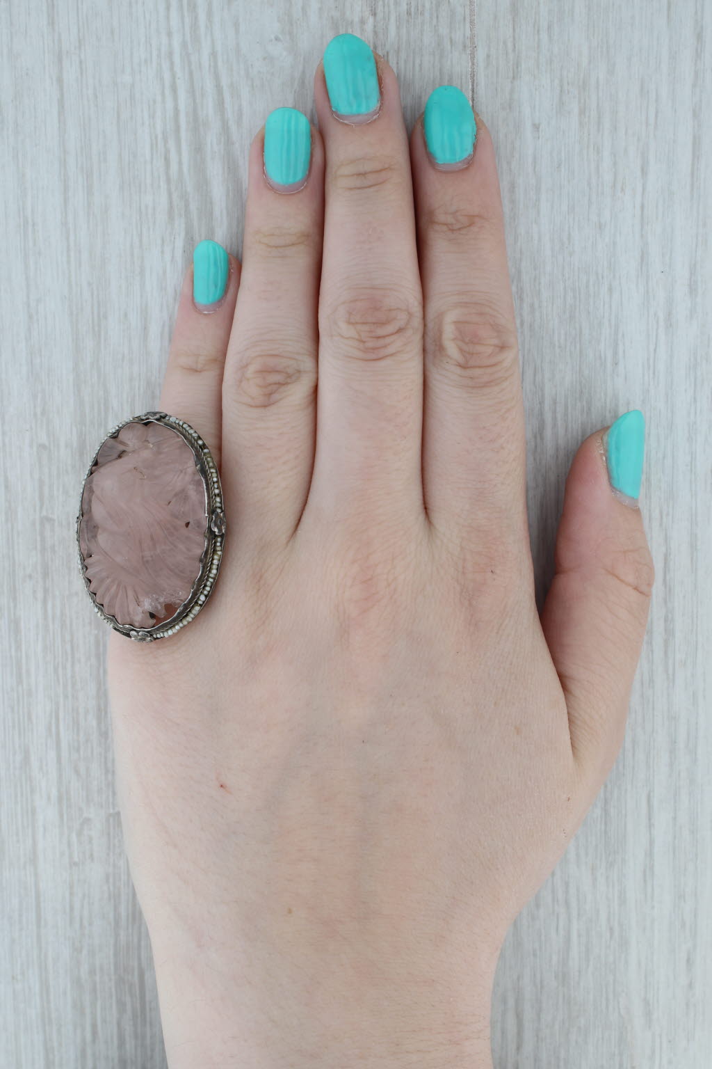 Dark Gray Vintage Floral Carved Rose Quartz Pearl Ring Sterling Silver Statement AS IS