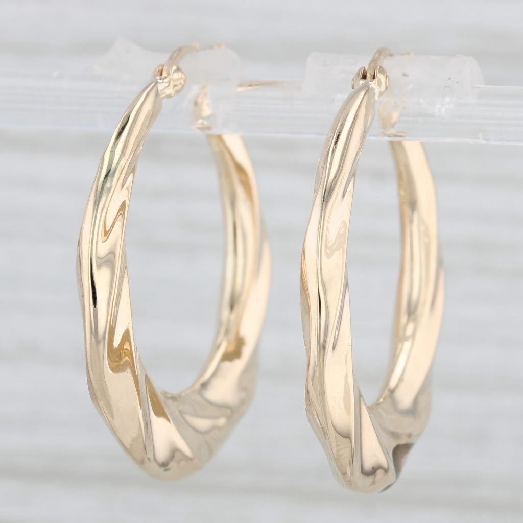 Light Gray Beveled Hoop Earrings 14k Yellow Gold Snap Top Round Hoops