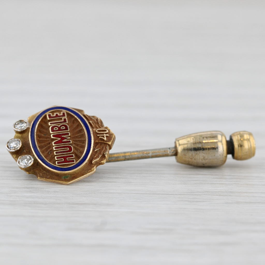 Light Gray Humble Oil 40 Years Company Service Stickpin 10k Gold Diamond Enamel Vintage