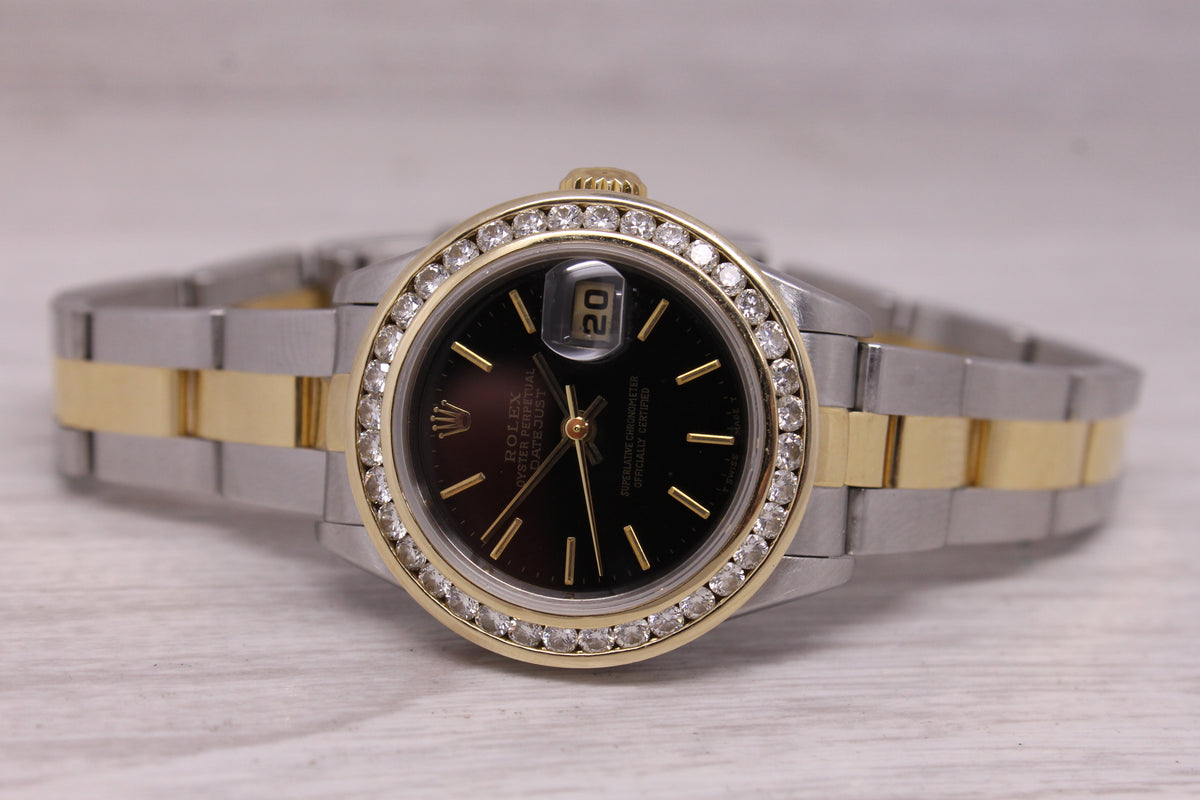 Rolex Datejust Ladies 26mm 79173 18k & Steel Watch Oyster Custom Diamond Bezel