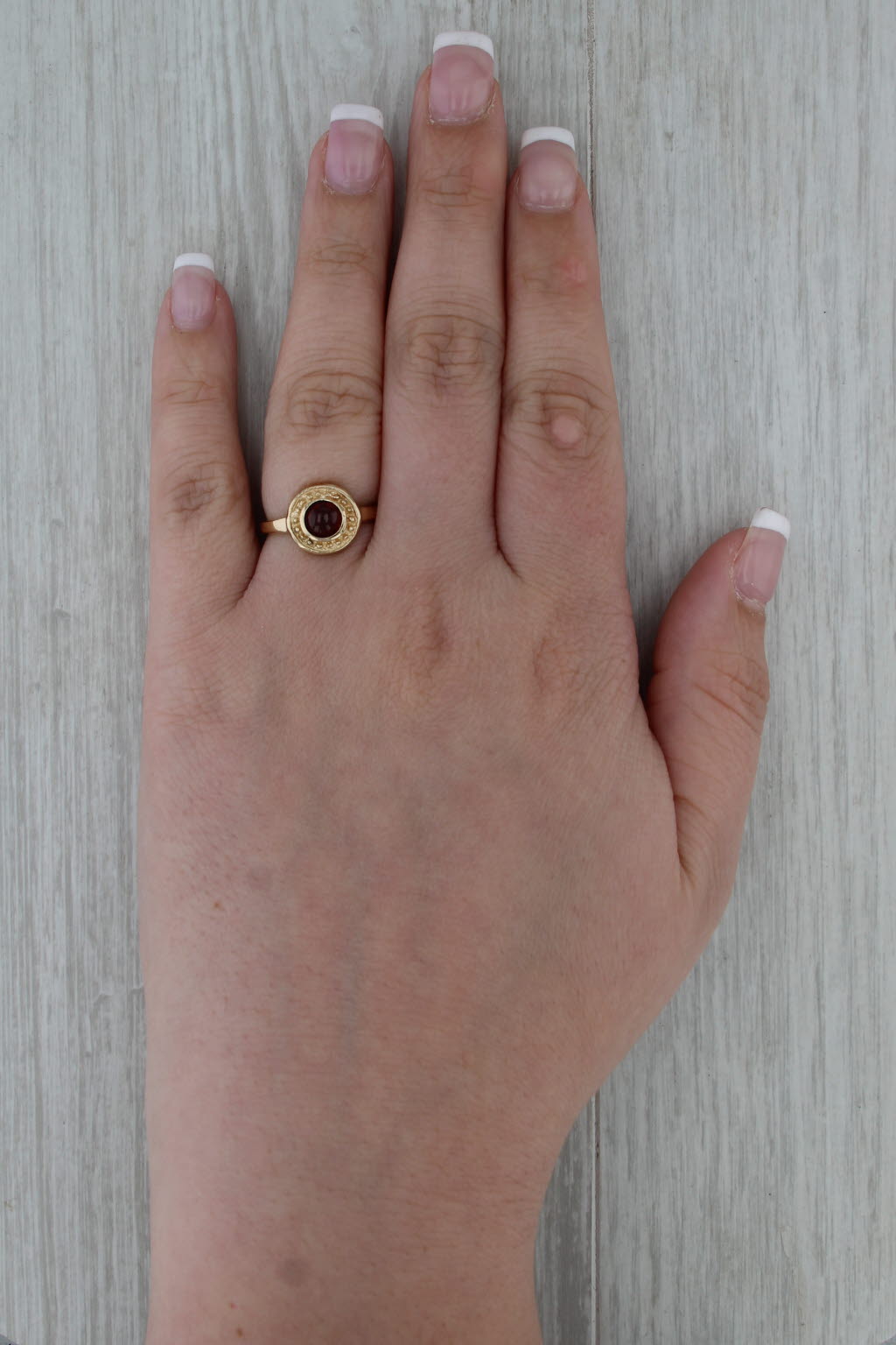 Garnet Cabochon Solitaire Ring 14k Yellow Gold Bead Accents Size 5.75