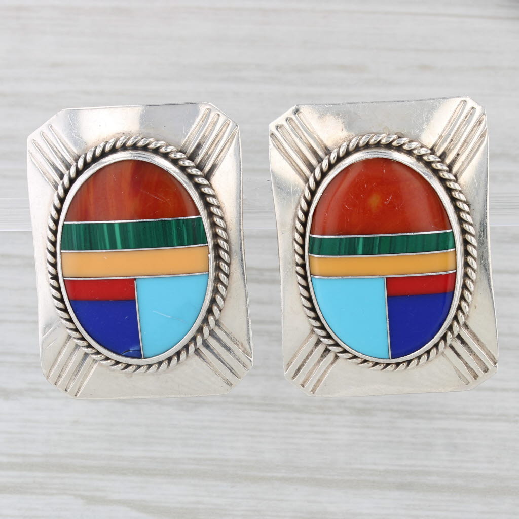 Light Gray Southwestern Vintage Resin Mosaic Earrings Sterling Silver Large Clip Ons