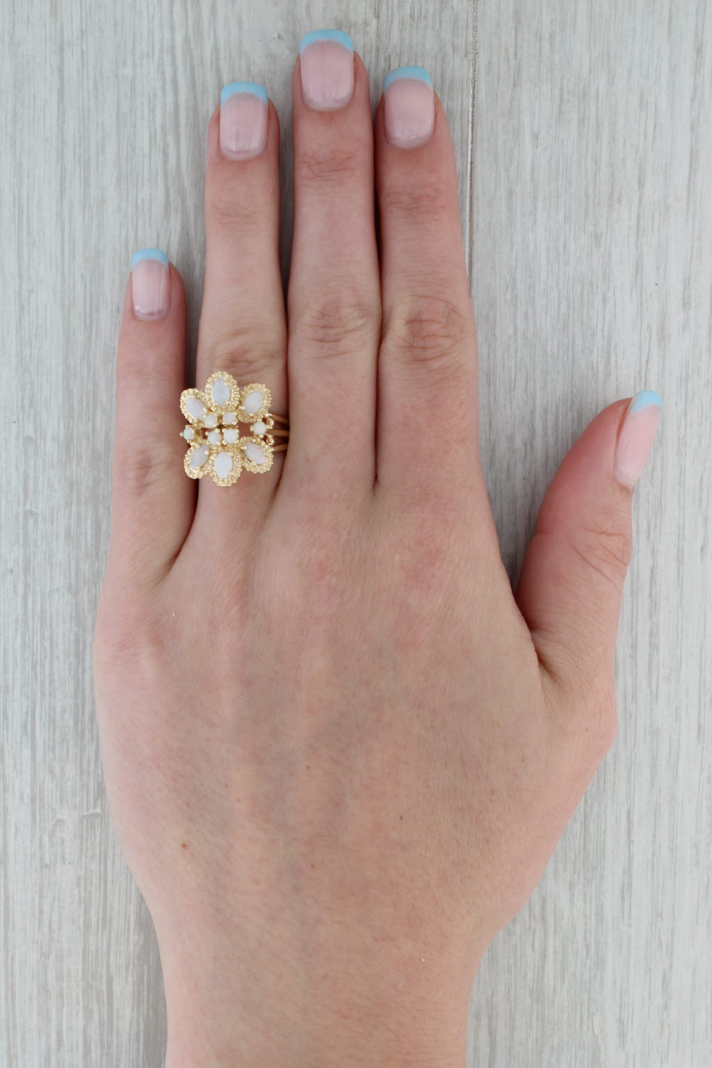 Dark Gray Opal Flower Cluster Ring 14k Yellow Gold Size 6.25 Cocktail