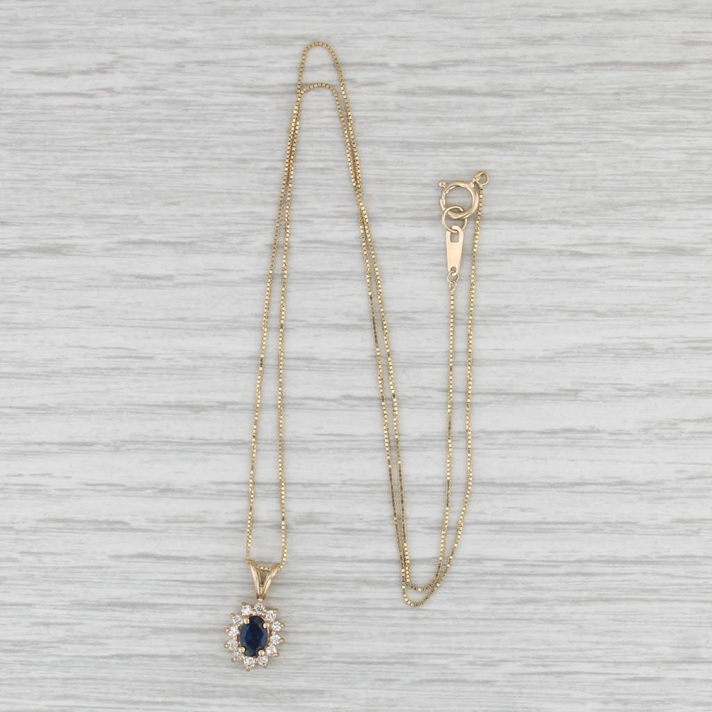 0.80ctw Blue Sapphire Diamond Halo Pendant Necklace 14k Gold 18" Box Chain