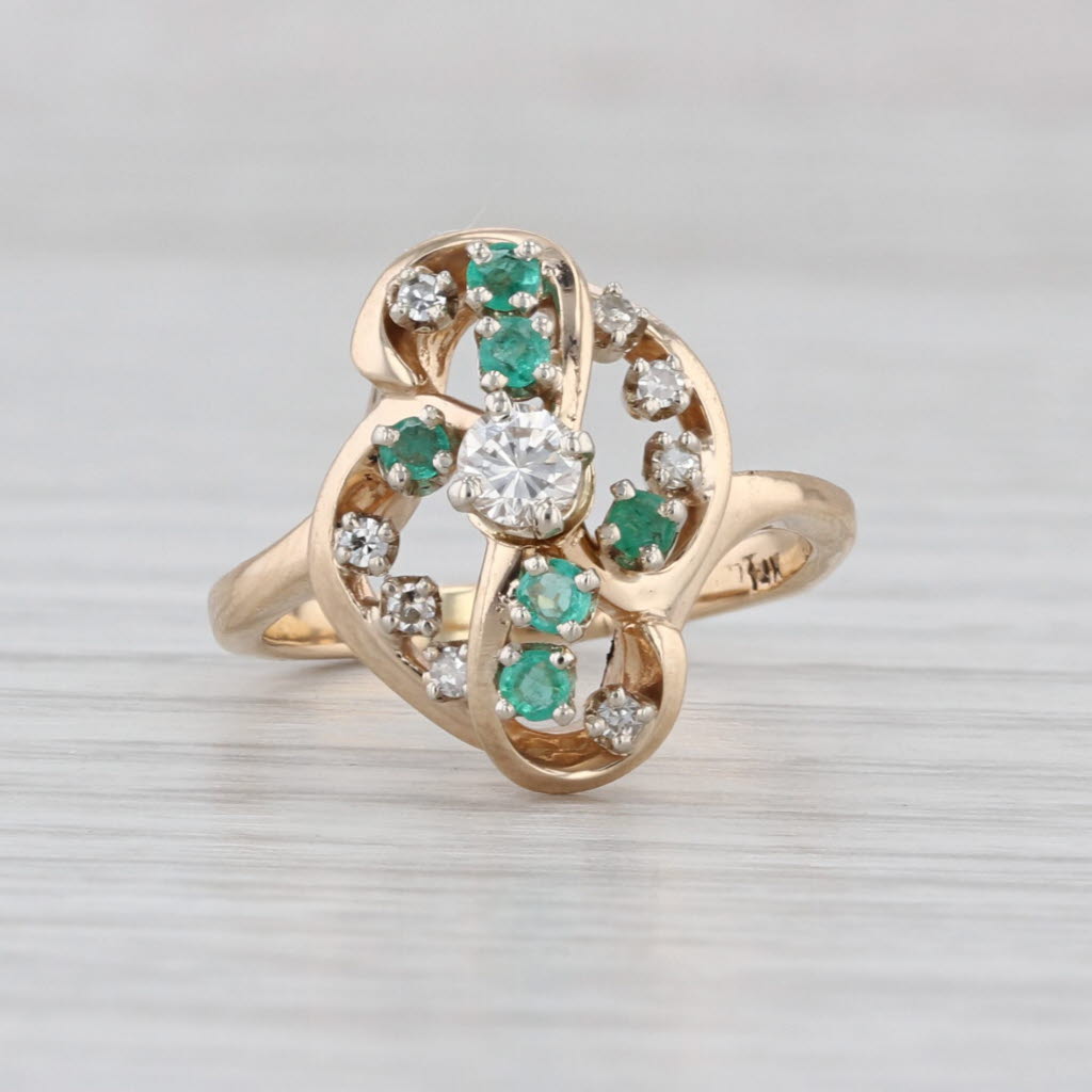 0.30ctw Diamond Emerald Swirl Ring 14k Yellow Gold Abstract Cross Size 4.25