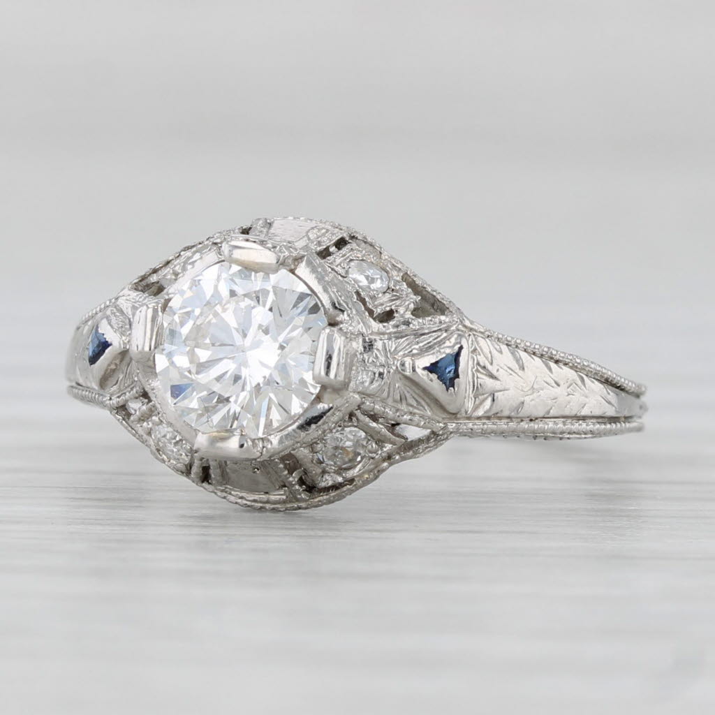 Light Gray Art Deco 0.85ctw Round Diamond Engagement Ring Platinum Size 6.25 GIA