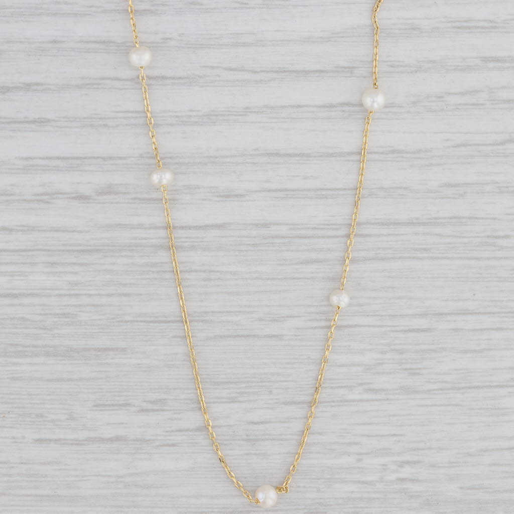 Light Gray Cultured Pearl Station Necklace 14k Yellow Gold 16.25” Cable Chain