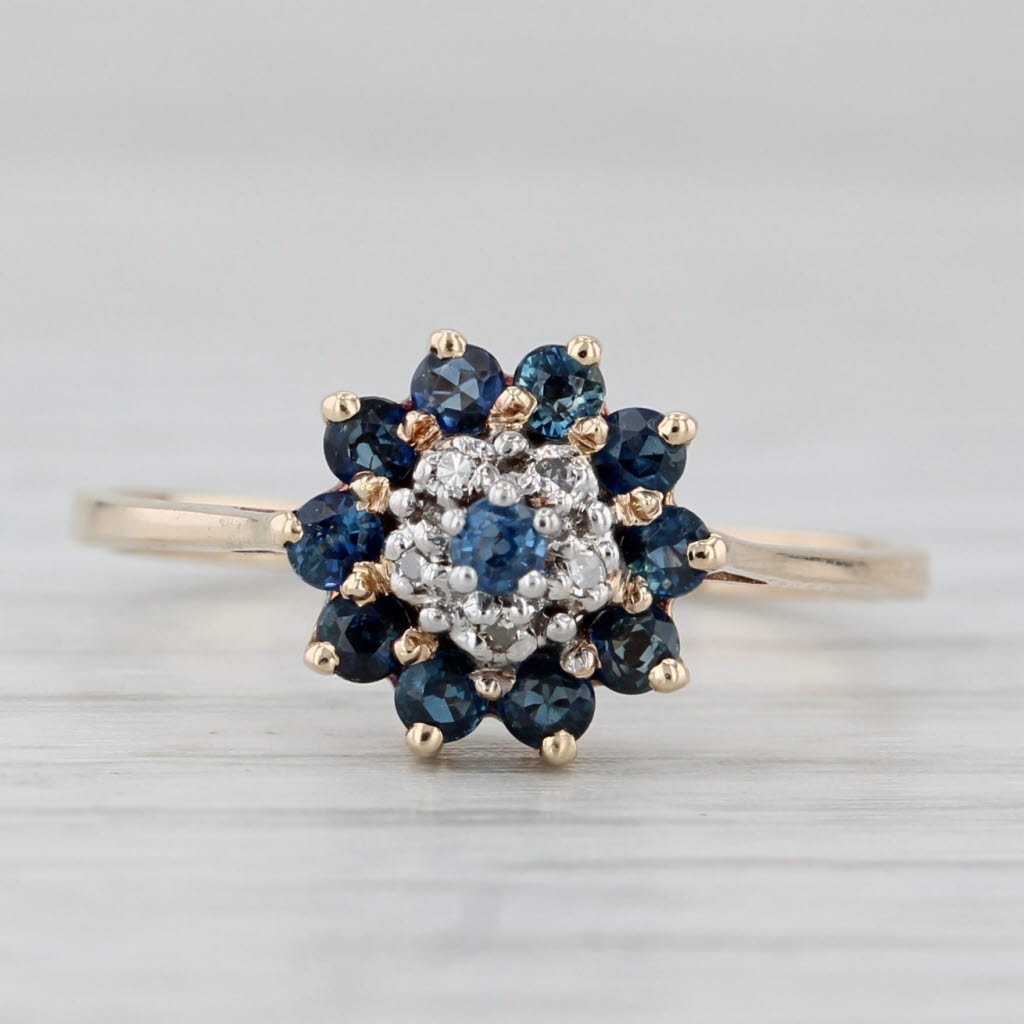 Light Gray 0.46ctw Blue Sapphire Diamond Flower Cluster Ring 10k Yellow Gold Size 6.25