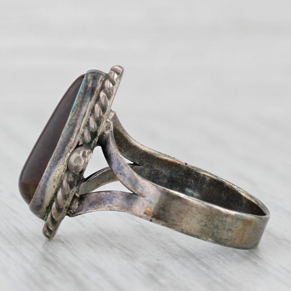 Light Gray Fire Agate Pear Cabochon Ring Sterling Silver Vintage Native American Size 8.5