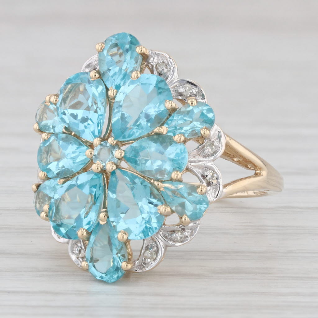 Light Gray 5.83ctw Teal Apatite Diamonds Flower Cluster Ring 14k Yellow Gold Size 7.25
