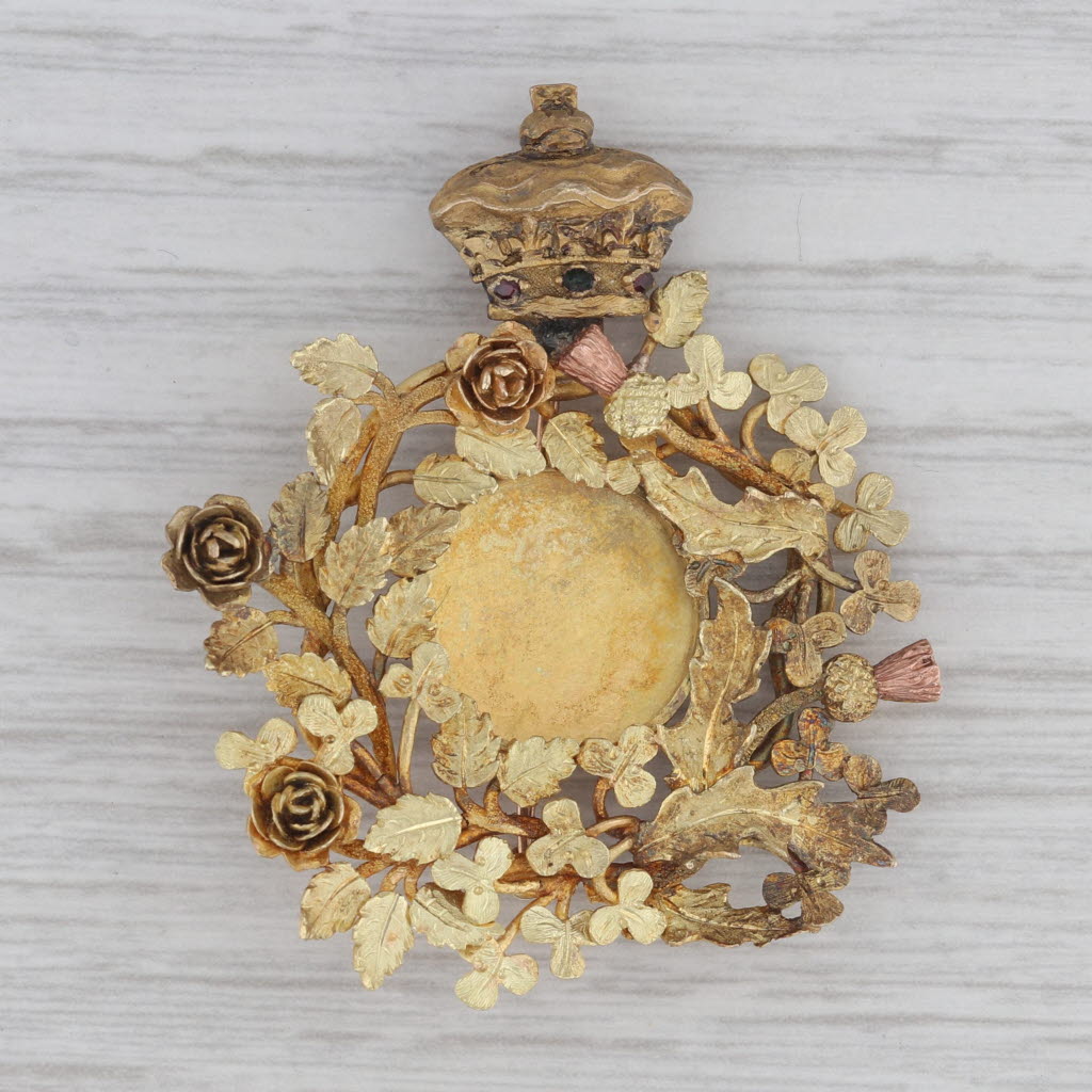 Gray Antique Floral Picture Brooch 14k-20k Gold Glass 1800s Pin Opens Crowned Wreath