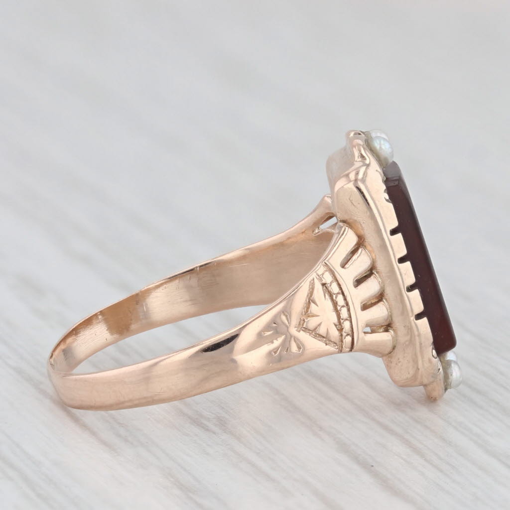 Light Gray Victorian Engraved Flower Ring 10k Gold Chalcedony Sardonyx Pearl Sz 6.75